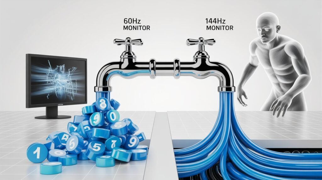 FPS Explained: Why Frame Rate Makes or Breaks Your Game In 2026 – Monitor refresh rate vs GPU frames pipe analogy
