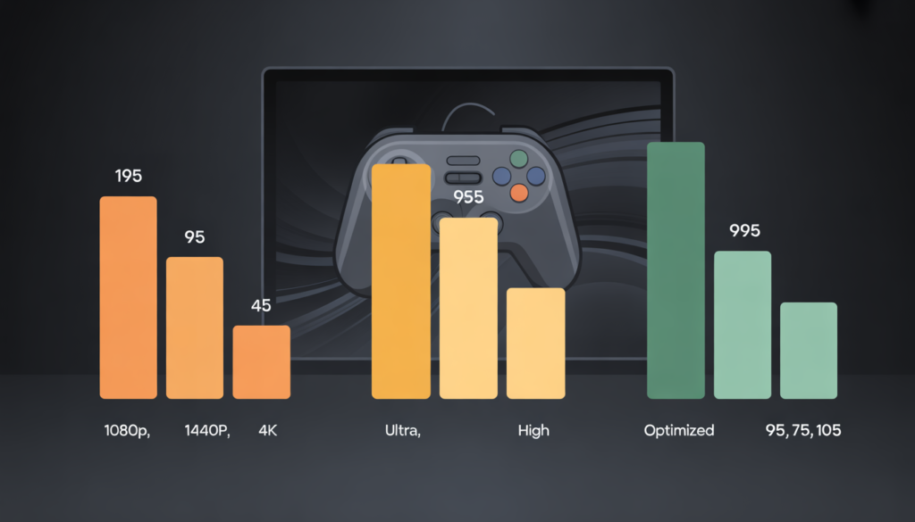Bar chart comparing FPS impact – resolution causes steep performance drop, while tweaking graphics settings yields moderate gains, helping gamers achieve smoother gameplay.