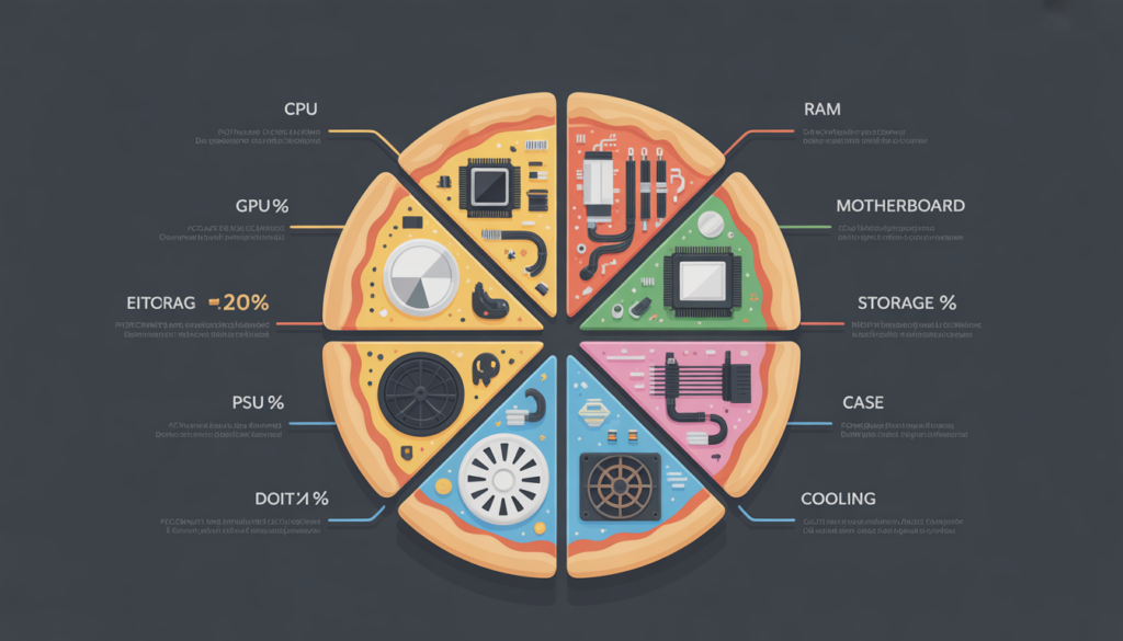 PC build budget breakdown infographic showing percentage allocation for CPU, GPU, RAM and other components