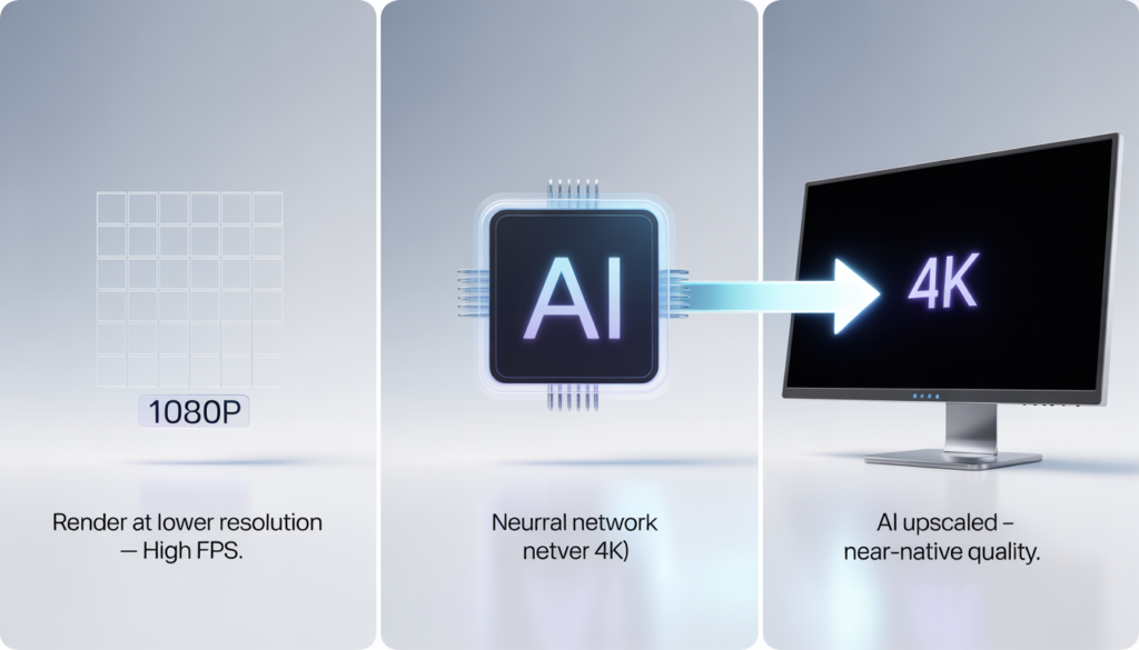 How DLSS and FSR upscaling works – game renders at lower resolution for high FPS, then AI reconstructs a sharp near‑native image for smooth, clear gameplay.