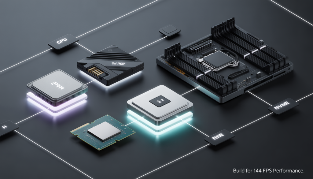 gaming PC components for 144 FPS performance including CPU, GPU, RAM, and NVMe SSD for high frame rate gaming