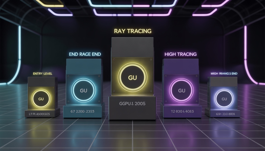 Graphics card tiers for ray tracing performance including entry level, mid range and high end GPUs