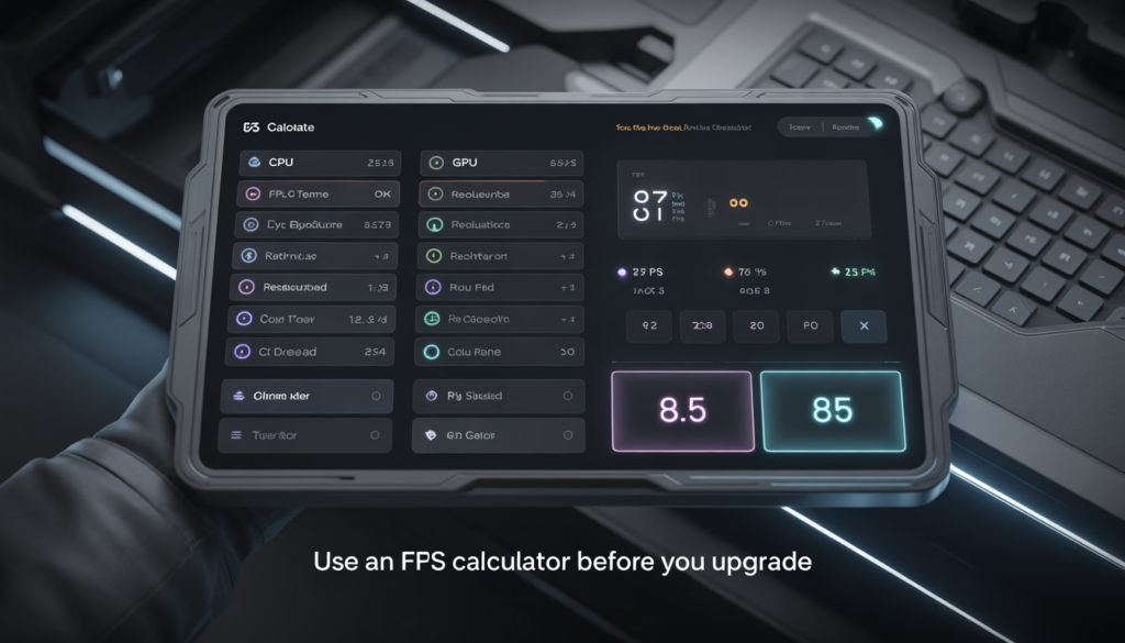 FPS calculator tool interface showing CPU GPU selection and estimated frame rate results for gaming performance prediction