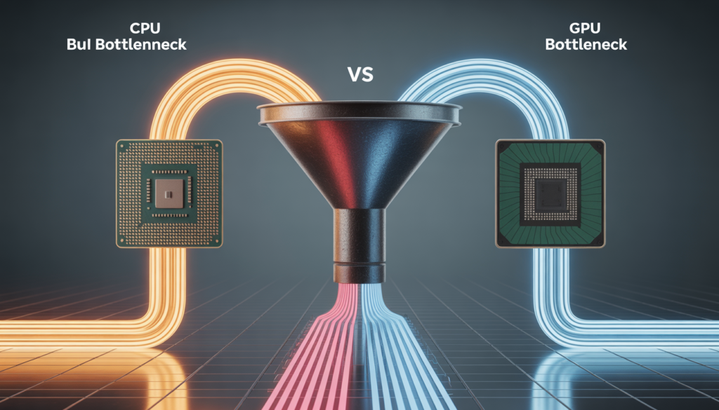 CPU vs GPU bottleneck explained with data flow diagram showing how hardware limits FPS in gaming PC builds