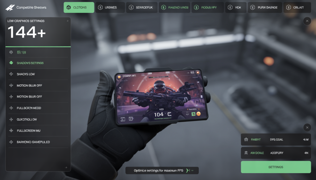 best in-game settings for 144 FPS gaming with low graphics options, motion blur off, and optimized FPS settings for competitive play