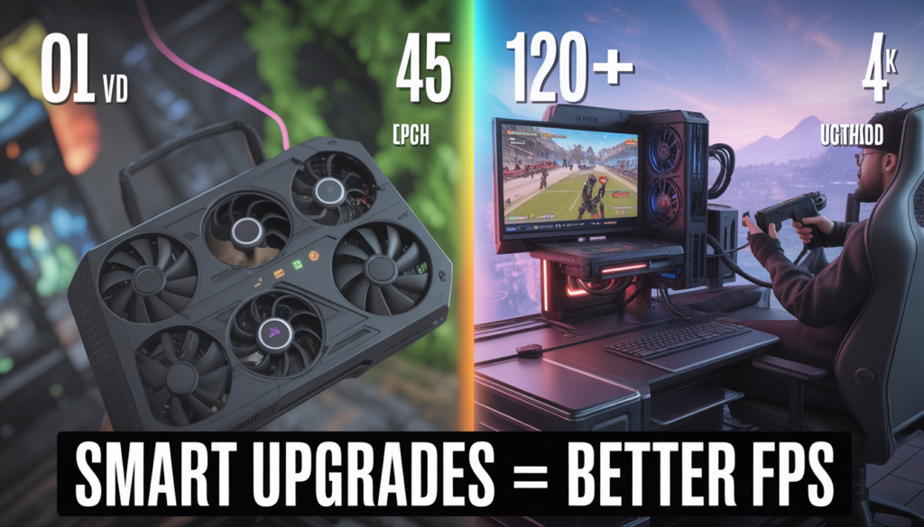 gaming performance comparison before and after PC upgrade showing low FPS vs high FPS smooth gameplay improvement