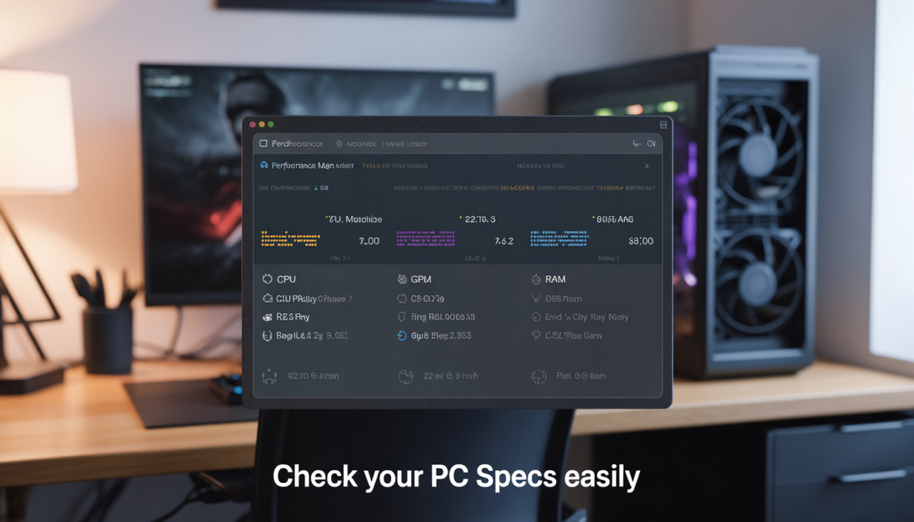 how to check PC specs using Windows Task Manager showing CPU GPU and RAM performance for gaming optimization