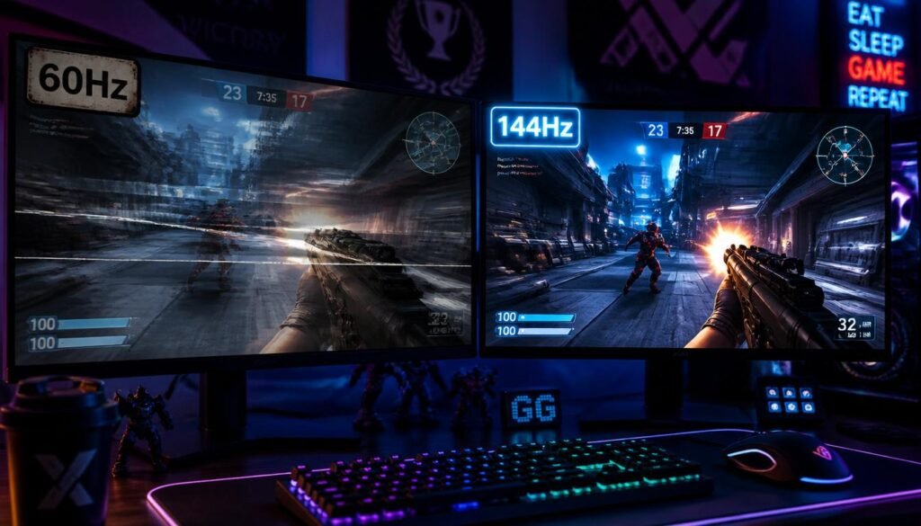 Side-by-side setup comparing a 60Hz monitor against a 144Hz gaming monitor for higher refresh rates.
