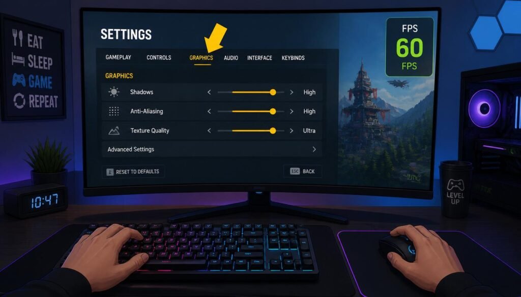 Video game graphics settings menu showing adjustments to shadows and textures for better FPS performance.