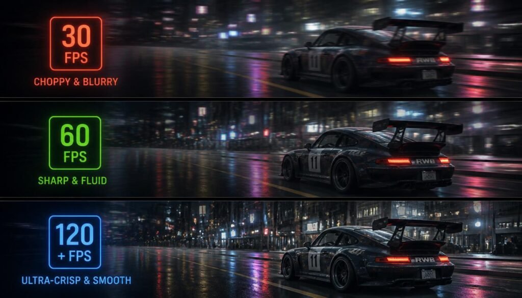 Visual comparison of racing game quality at 30 FPS, 60 FPS, and 120+ FPS showing improving smoothness