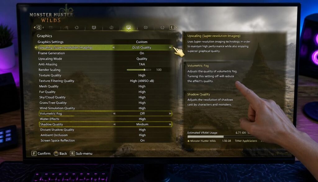 Best Monster Hunter Wilds in-game graphics settings menu with DLSS upscaling and volumetric fog turned off for maximum FPS performance.