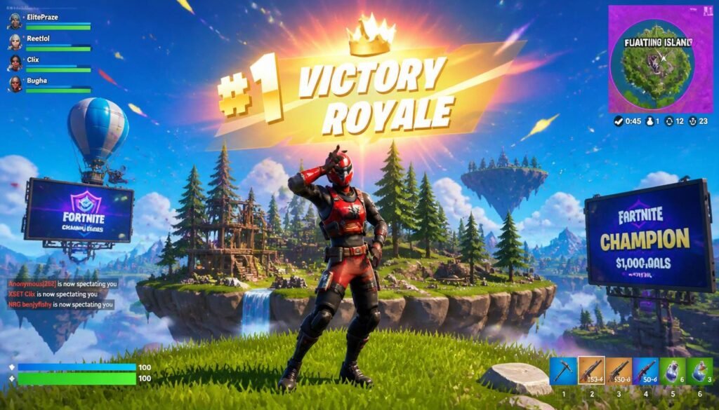 Victory Royale screen achieved by using the best Fortnite graphics mode to ensure smooth building and aiming during end-game.