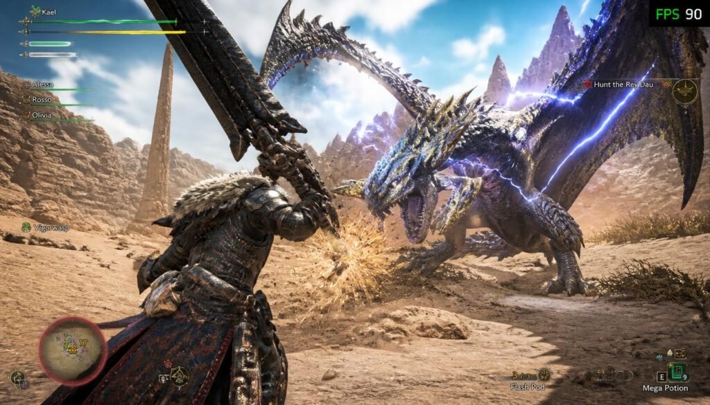 Smooth Monster Hunter Wilds optimized PC gameplay showing high FPS during intense boss fights after applying performance tweaks.