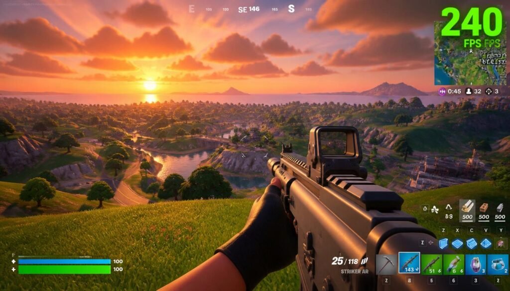 High FPS counter displayed in Fortnite while using Performance Mode to achieve the best Fortnite graphics mode for competitive play.