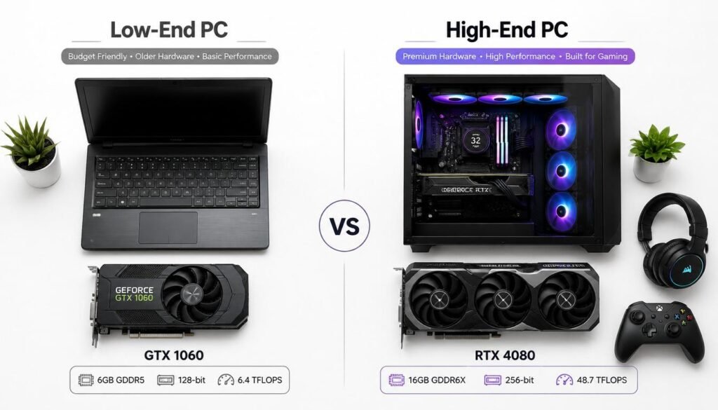 Hardware guide showing which PC parts work best with the best Fortnite graphics mode for low-end and high-end systems.