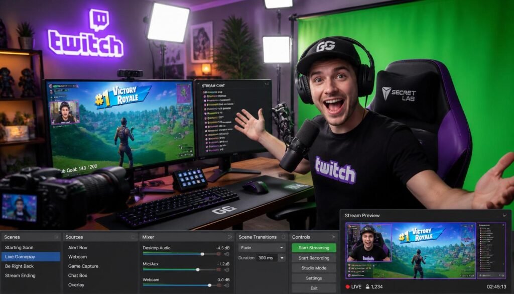 How to optimize gaming PC for streaming - live streamer setup with dual monitors, OBS Studio, and professional streaming equipment