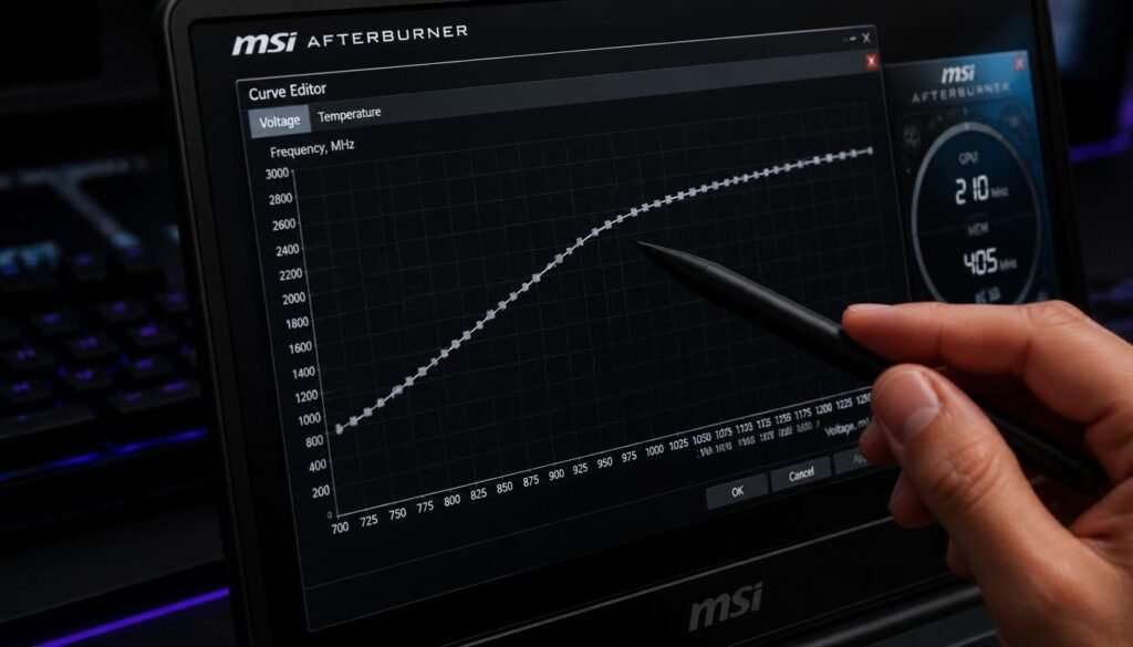 MSI Afterburner Curve Editor interface showing GPU undervolt settings for stable VR performance on gaming laptops