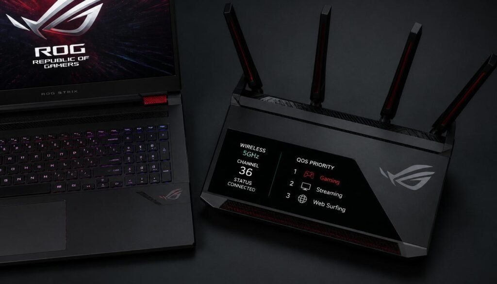 Wi-Fi 6 router with 5GHz channel 36 setup optimized for low-latency wireless VR gaming on laptop