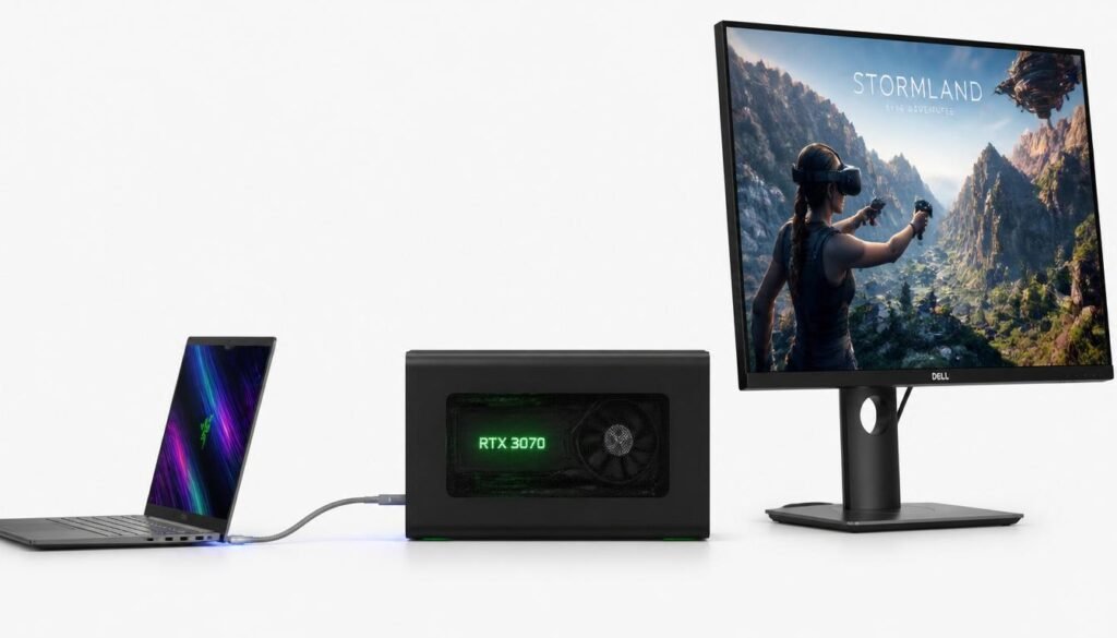 Thunderbolt 3 eGPU enclosure connected to budget gaming laptop for VR performance upgrade and optimization