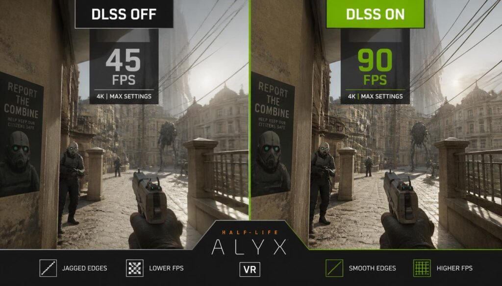 Split-screen comparison of DLSS off versus DLSS on in VR games showing FPS boost and visual clarity improvements