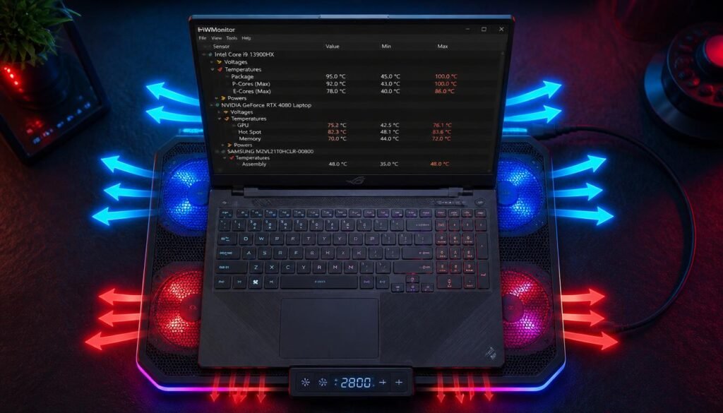 Gaming laptop on RGB cooling pad with powerful fans to reduce overheating during VR gameplay optimization