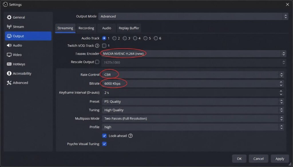 OBS Studio best settings for streaming with NVENC encoder, CBR rate control, and 6000 Kbps bitrate for optimal performance