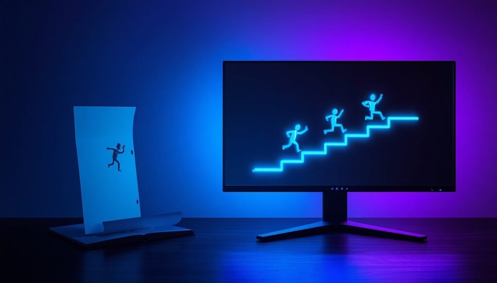 Flipbook animation next to a gaming monitor demonstrating how frames per second create smooth motion in video games.