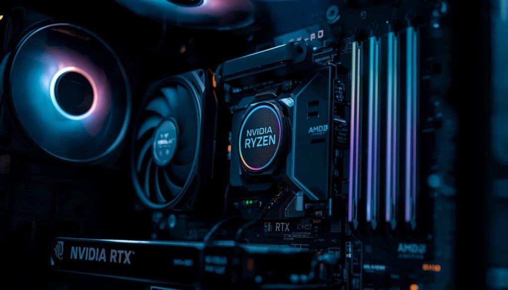 Gaming PC hardware components including NVIDIA RTX GPU with NVENC encoder, AMD Ryzen CPU, and RAM for smooth streaming performance