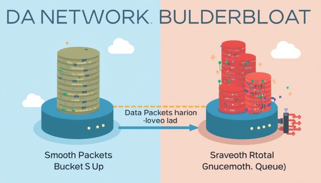 Bufferbloat fix for streaming - diagram showing how QoS settings improve network stability and prevent lag